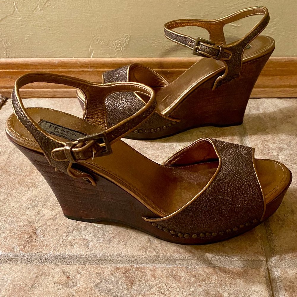 PRADA Embossed bronze wedge sandals